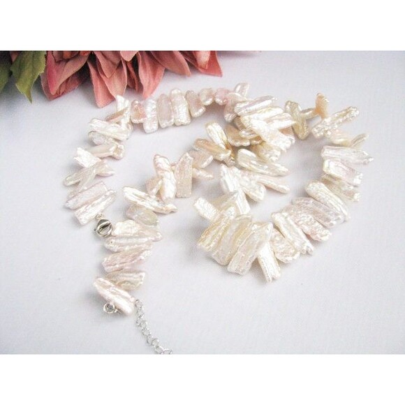 Biwa Stick pearl necklace sterling Silver clasp - Picture 3 of 10